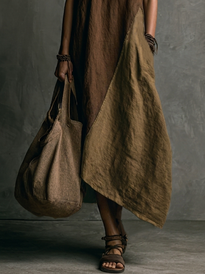 Brown and Khaki Patchwork Asymmetrical Long Sleeveless Dress with V-Neck
