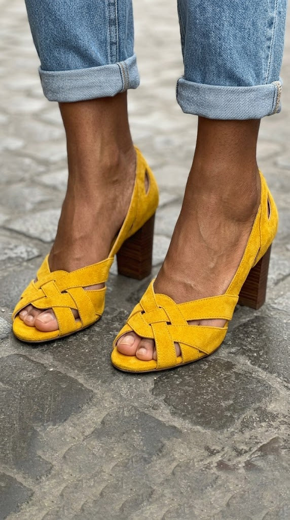 Cut-out Block Heels Peep Toe Woven Suede Mustard