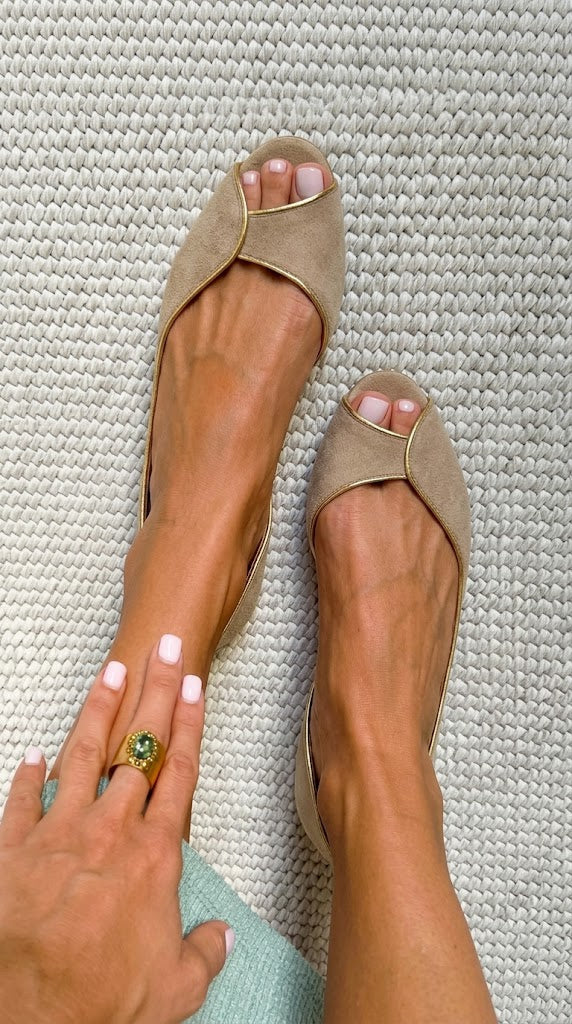 Penny - Beige and Gold Suede Open-Toe Flats