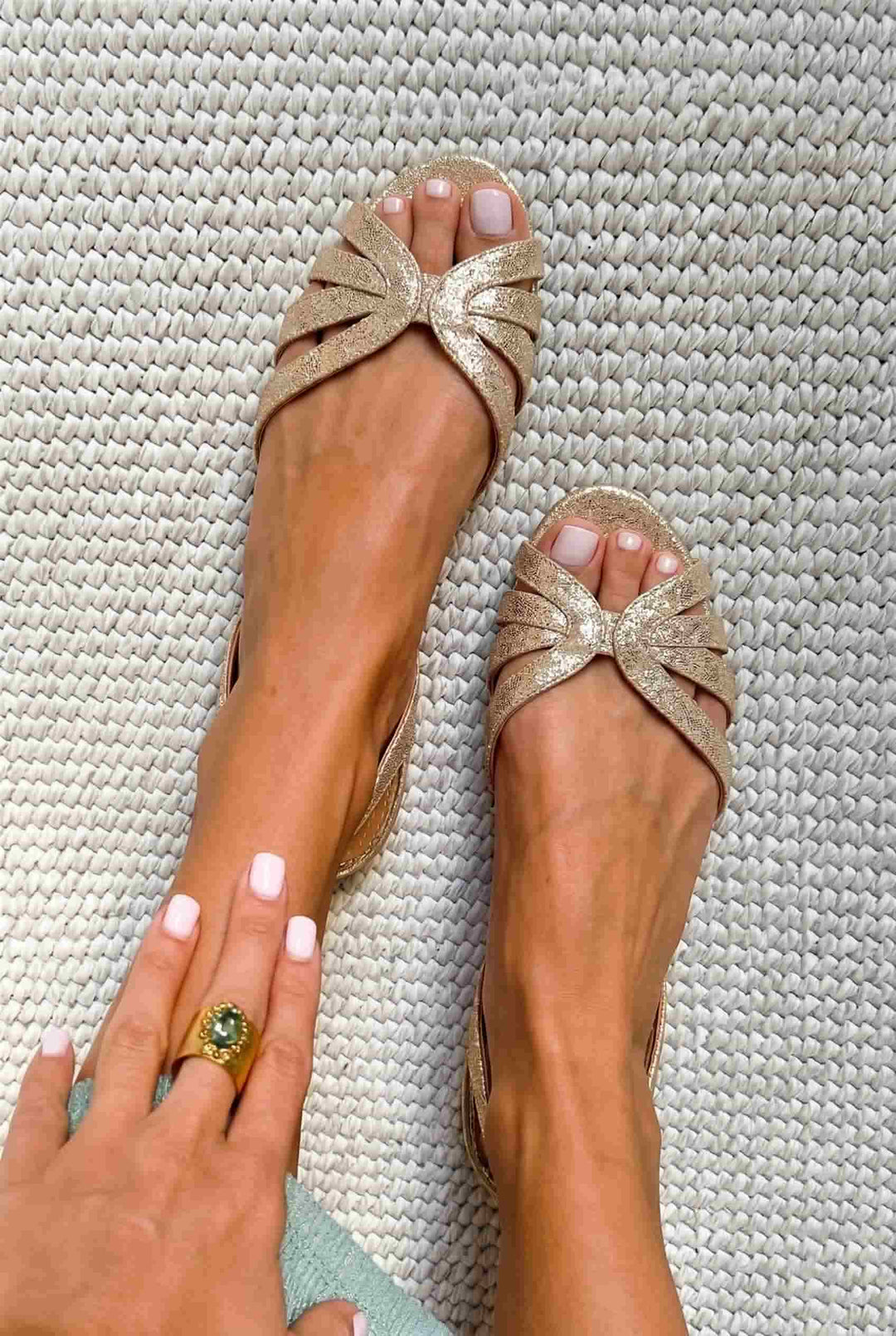 Metallic Gold Open-Toe Slingback Sandals with Straps