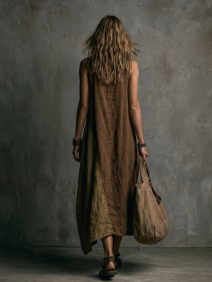 Brown and Khaki Patchwork Asymmetrical Long Sleeveless Dress with V-Neck