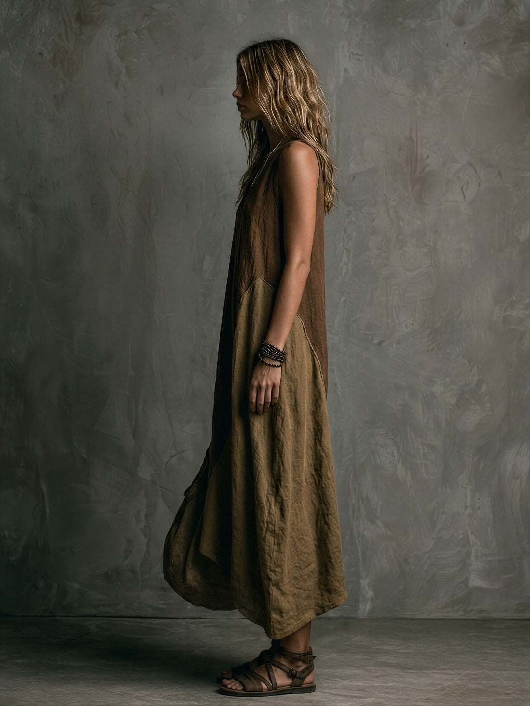 Brown and Khaki Patchwork Asymmetrical Long Sleeveless Dress with V-Neck