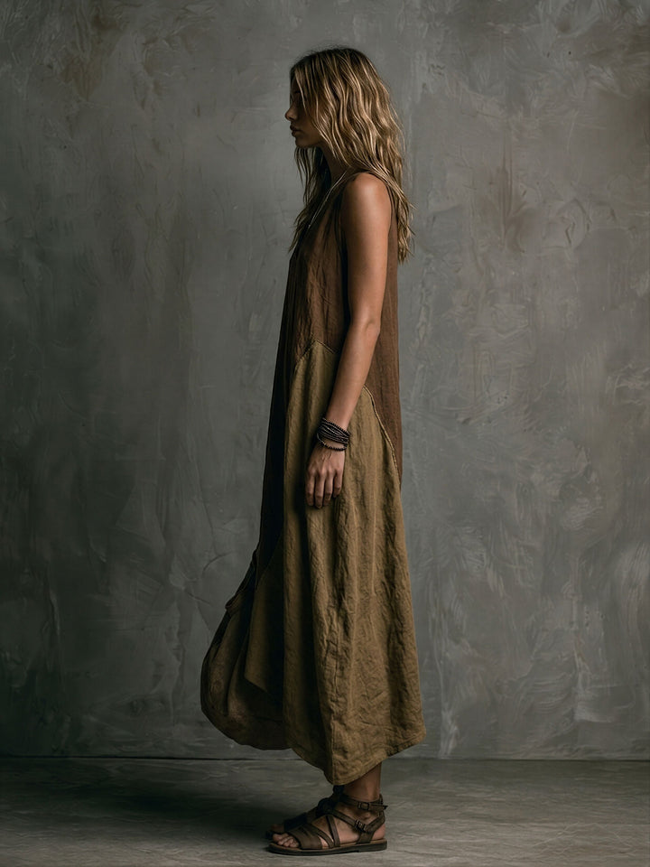 Brown and Khaki Patchwork Asymmetrical Long Sleeveless Dress with V-Neck
