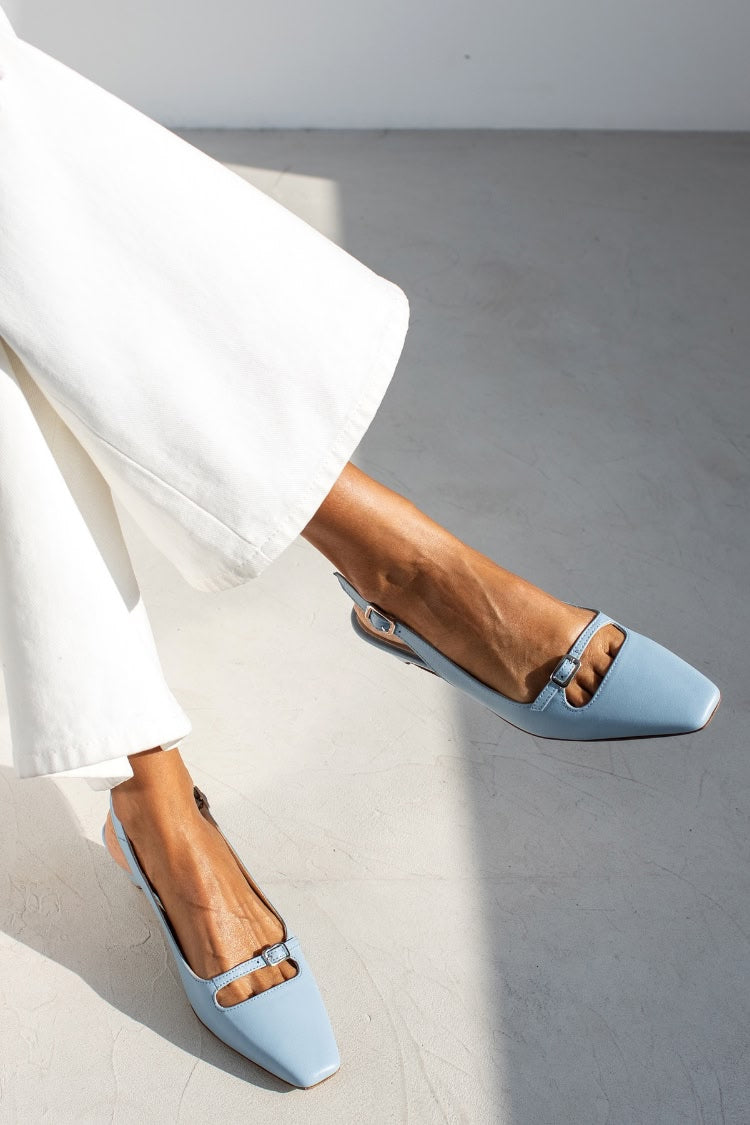 Cut-out slingback ballerinas in square-toe azure leather