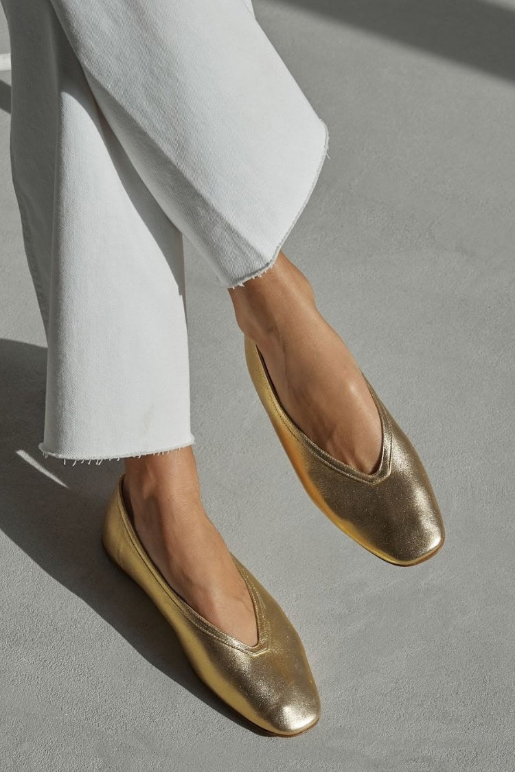 Metallic Gold Square Toe Slip-On Ballerinas