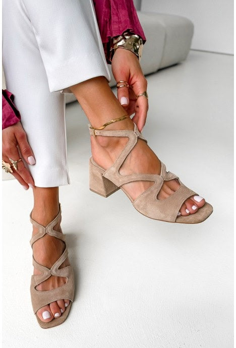 Beige Suede Block Heels with Square Toe and Ankle Strap