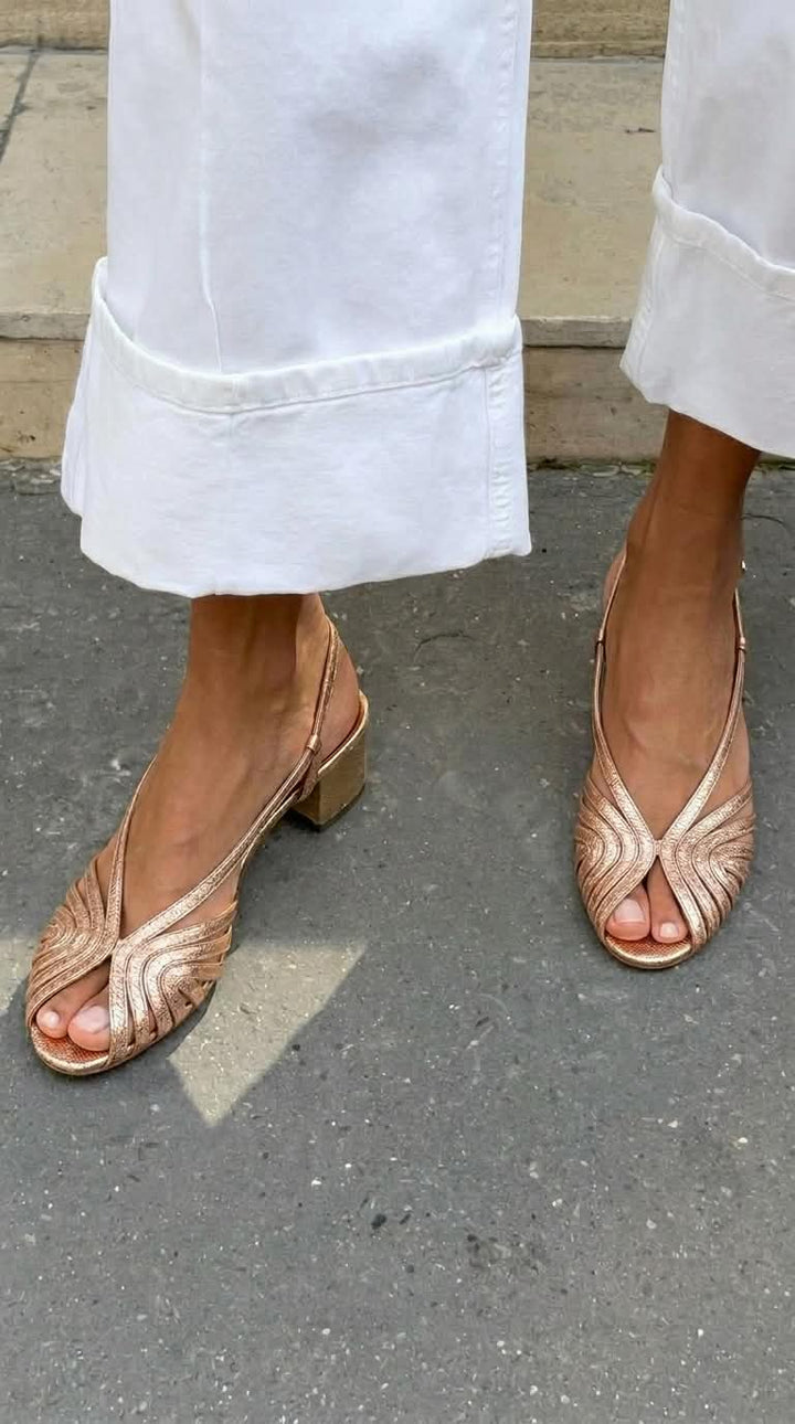 Block heel slingback peep toe woven metallic Rose Gold
