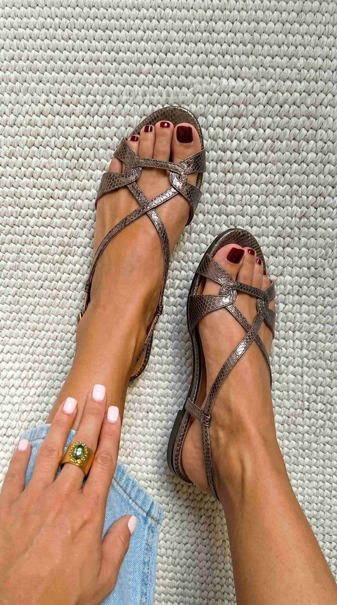 Bronze Snake Effect Low Slingback Sandals with Open Toe