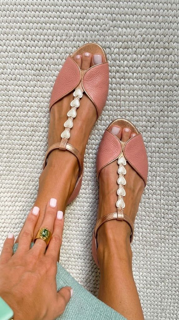 Low Pink Peep Toe Sandals with T-Strap and Heart Detail