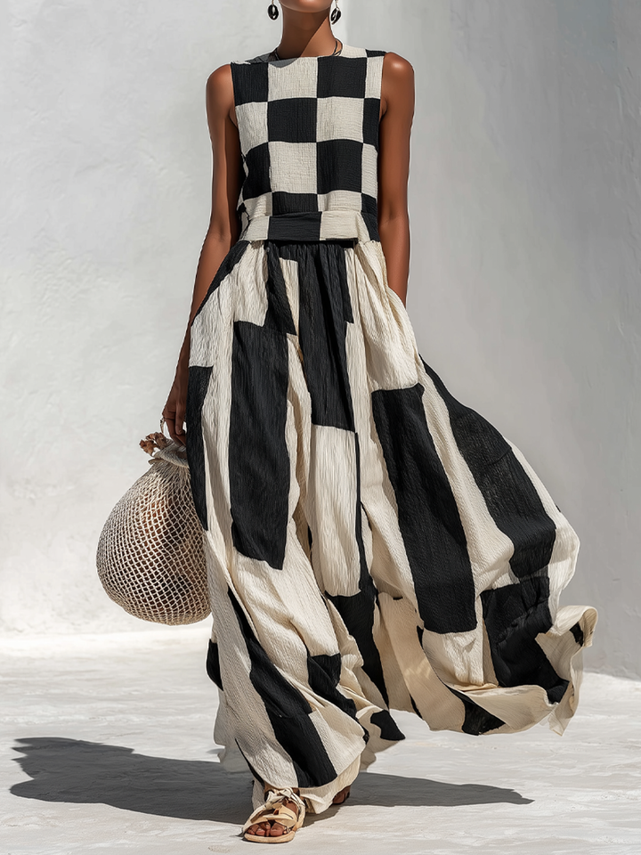 Ardenne™ | Plaid and Stripe Panelled Sleeveless Maxi Dress