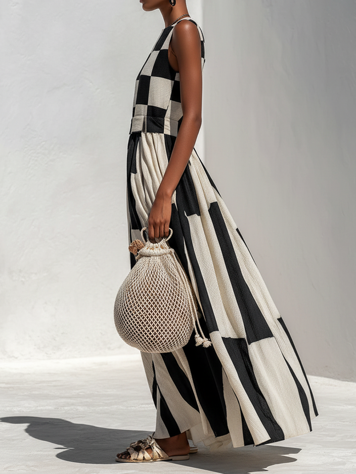 Ardenne™ | Plaid and Stripe Panelled Sleeveless Maxi Dress