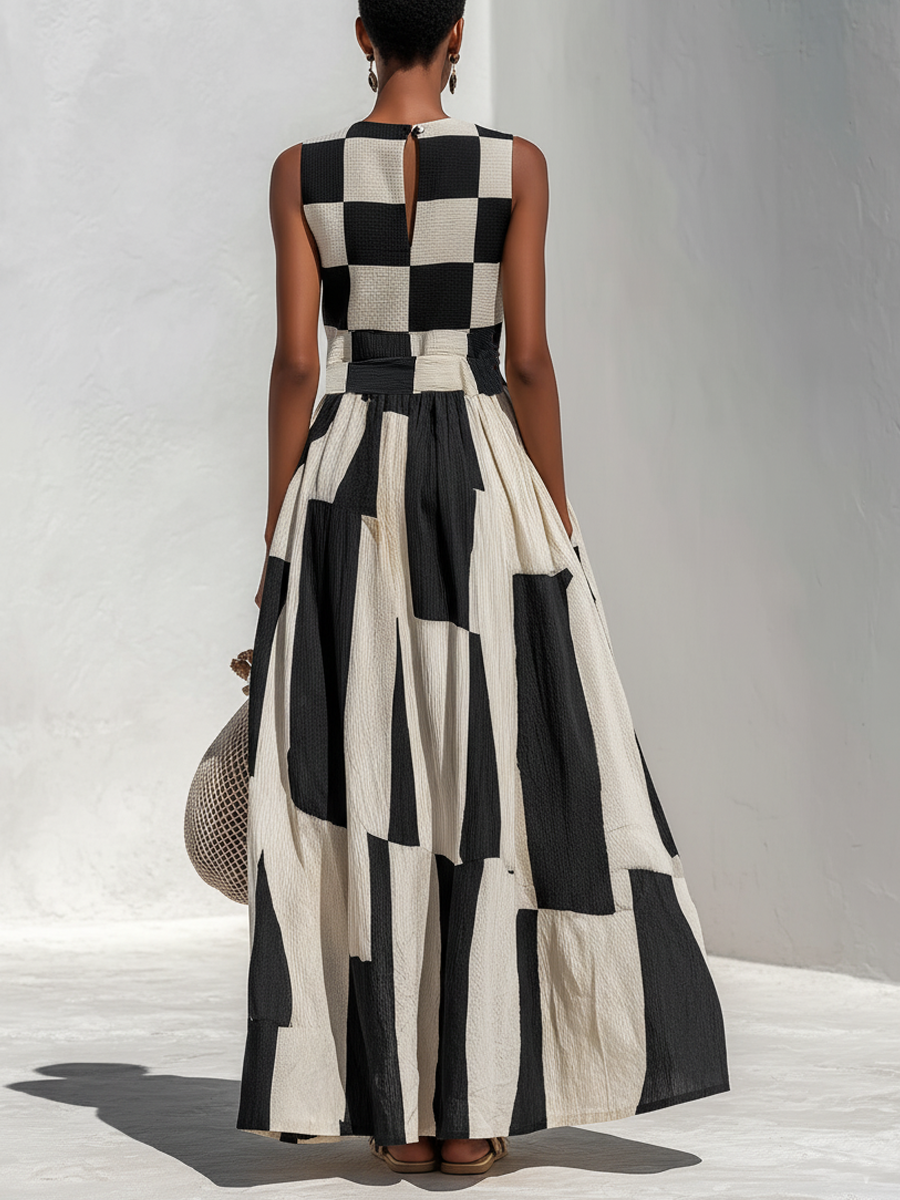 Ardenne™ | Plaid and Stripe Panelled Sleeveless Maxi Dress