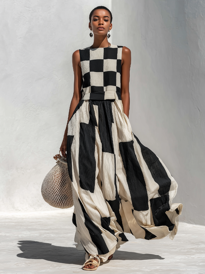 Ardenne™ | Plaid and Stripe Panelled Sleeveless Maxi Dress