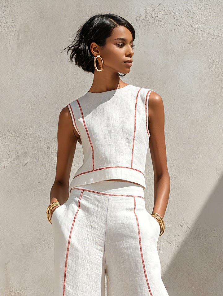Moya | Contrast-Stitched Wide-Leg Trouser Set