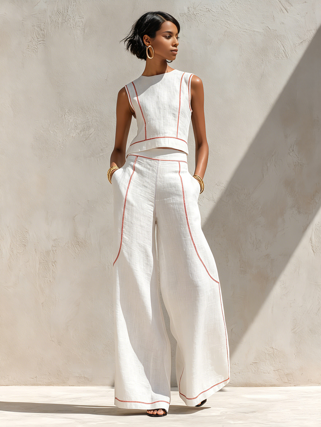 Moya | Contrast-Stitched Wide-Leg Trouser Set