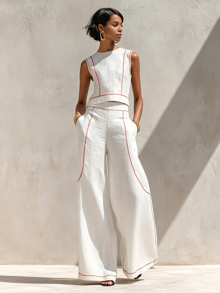 Moya | Contrast-Stitched Wide-Leg Trouser Set