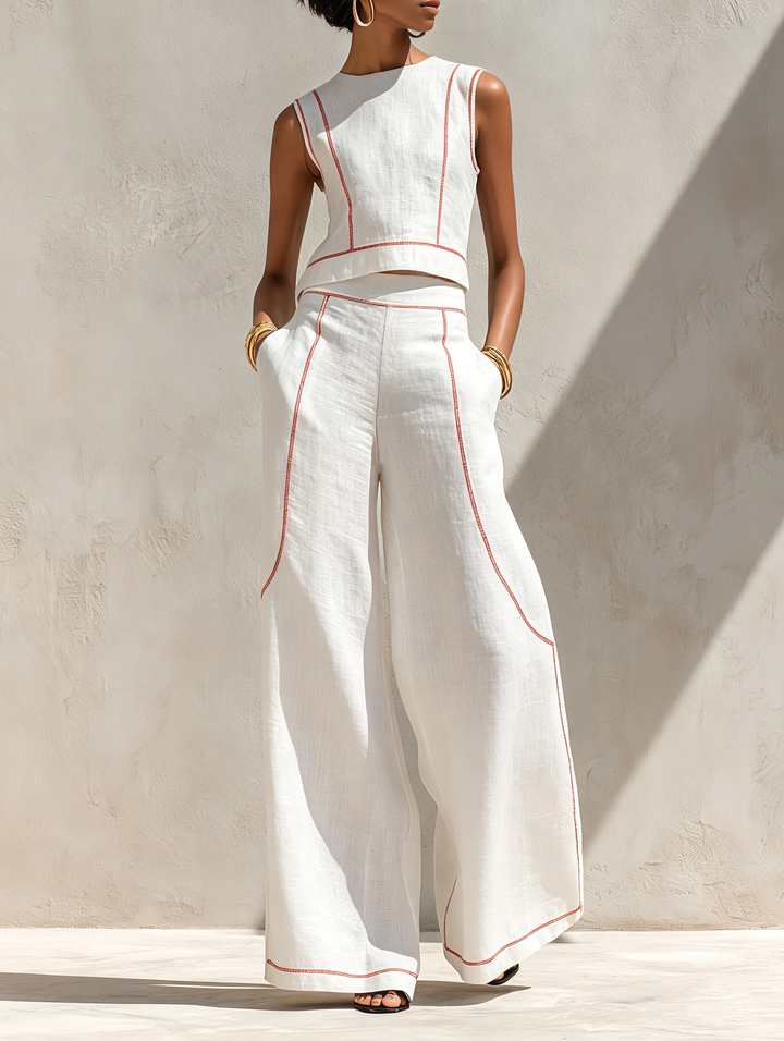 Moya | Contrast-Stitched Wide-Leg Trouser Set