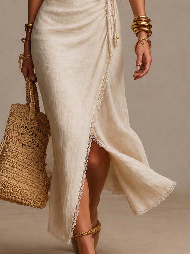 Selene | Midi Dress with Crossed Neckline and Lace