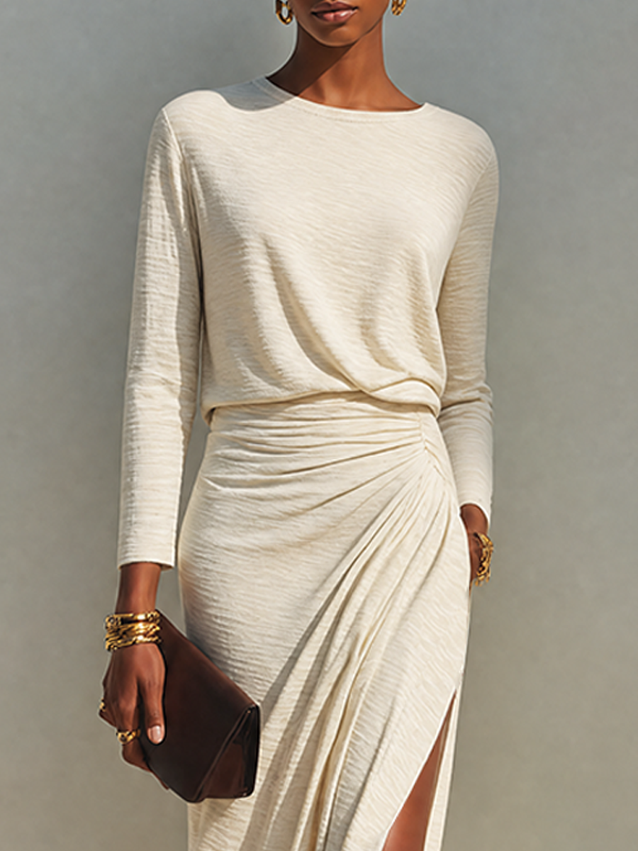 Lavinia | Long beige dress with a round neckline, draping at the waist and a slit