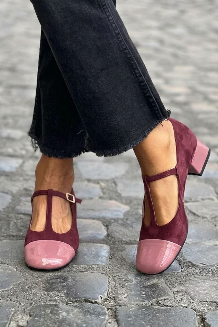 Wide Block Colour Purple Round Toe Heels with Buckle and T-Strap