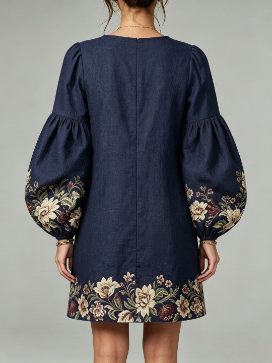 Navy blue mini dress made of cotton and linen, with a V-neck and lantern sleeves, in a floral pattern