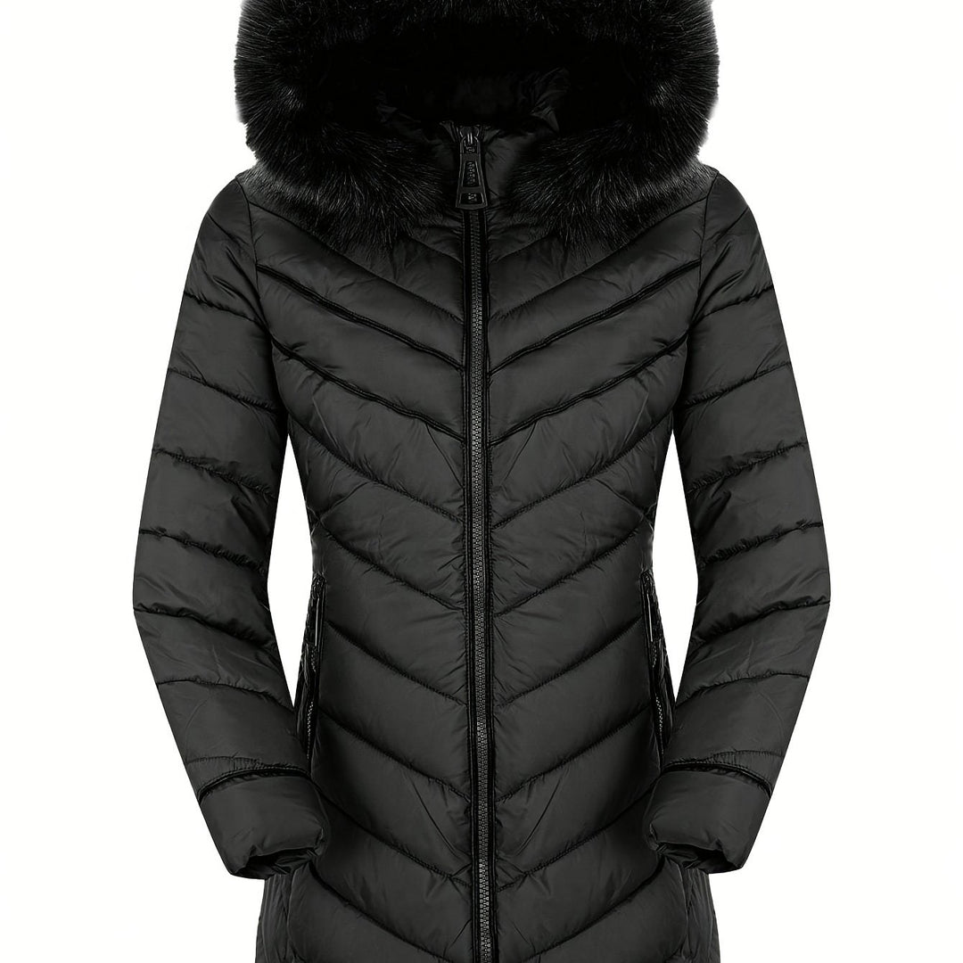 Slim-fit hooded faux-fur puffer coat in black, full-zip front, side pockets, long sleeves