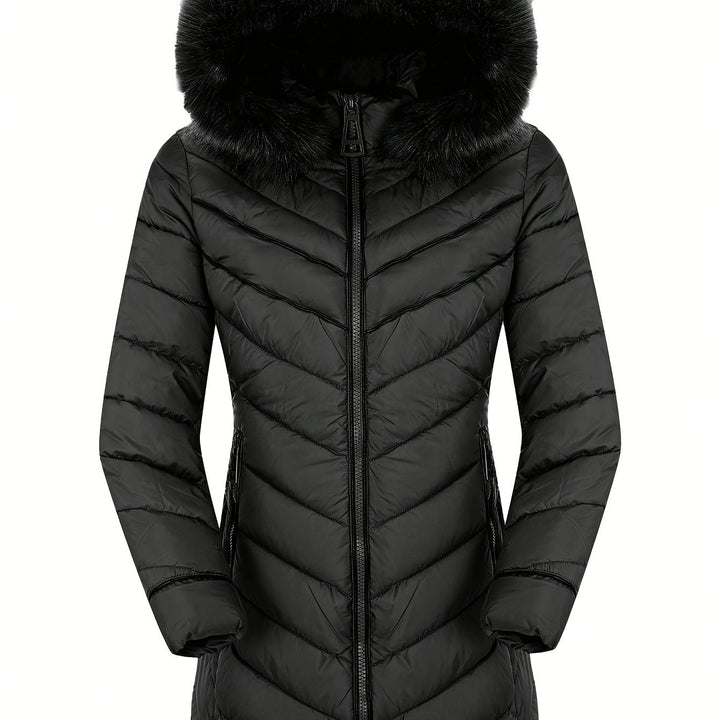 Slim-fit hooded faux-fur puffer coat in black, full-zip front, side pockets, long sleeves