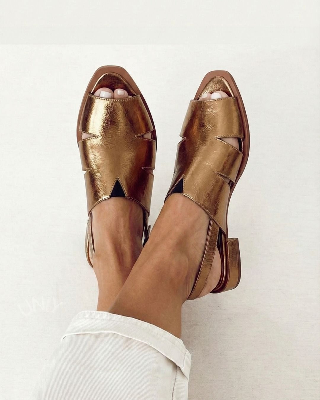 Metallic Low Cut-Out Peep Toe Slingback Sandals in Gold