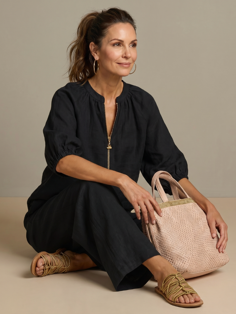 Natalia | Top Blouson with Zip and Wide Leg Trousers