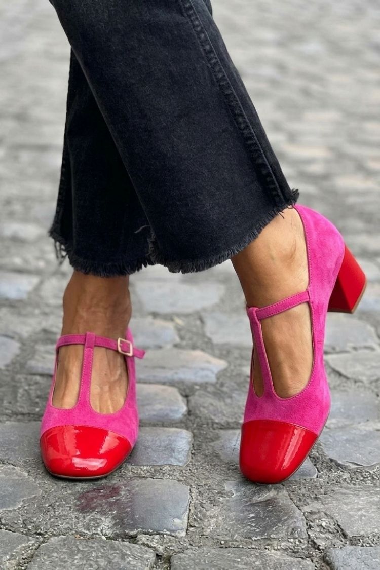 Wide Block Colour Purple Round Toe Heels with Buckle and T-Strap