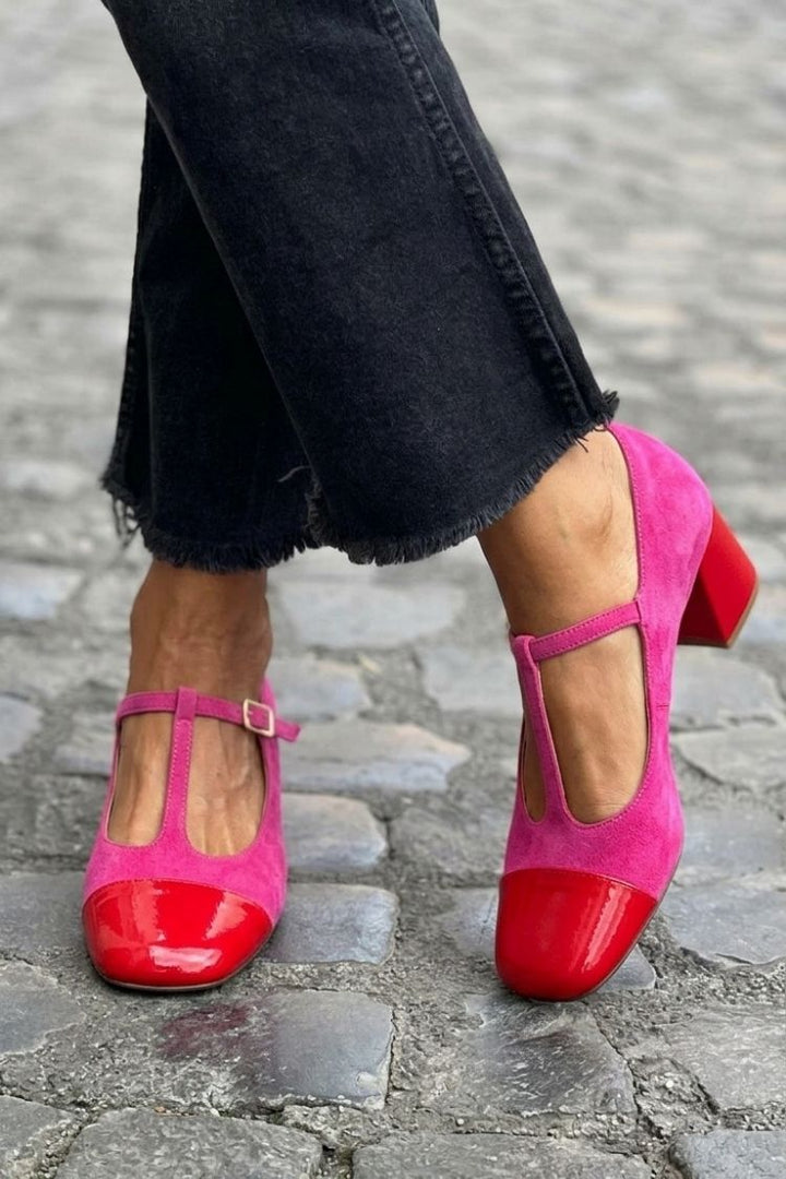 Wide Block Colour Purple Round Toe Heels with Buckle and T-Strap