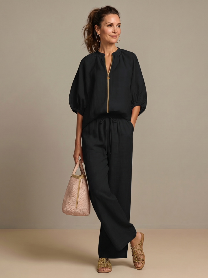 Natalia | Top Blouson with Zip and Wide Leg Trousers