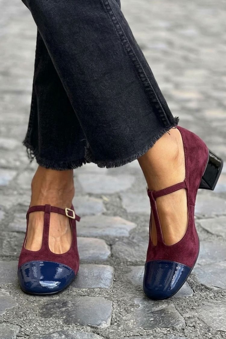 Wide Block Colour Purple Round Toe Heels with Buckle and T-Strap