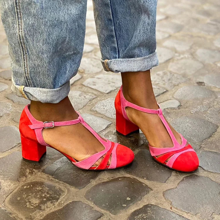 Wide-cut-out colour block Fuchsia heels with buckle and T-strap