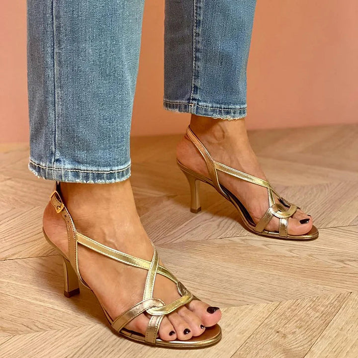 Comfortable shiny peep toe stiletto heels in leather with straps