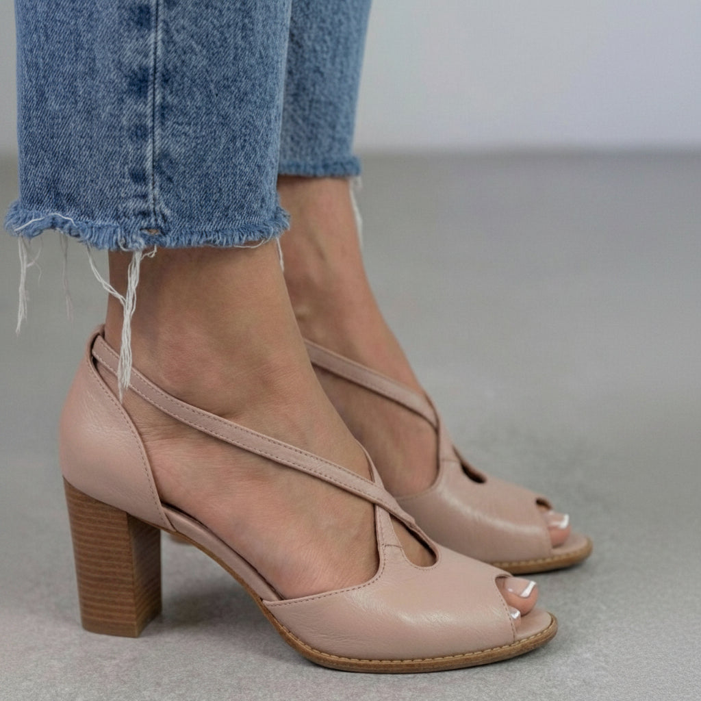 Elegant Pink Powder and Pink Open-Toe Sandals with Crossed Straps and Block Heel