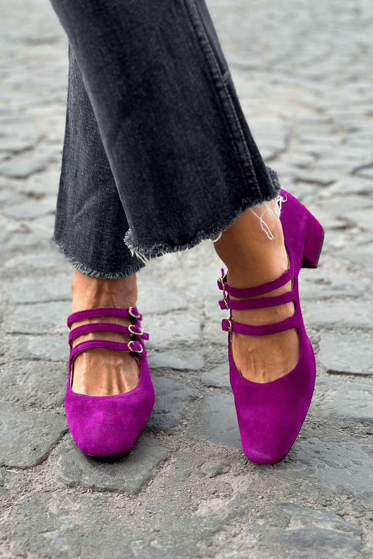Wide Purple Square Toe Heels with Buckle