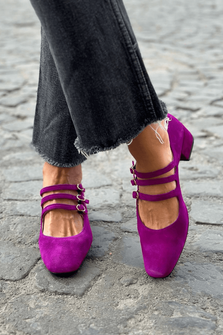 Wide Purple Square Toe Heels with Buckle