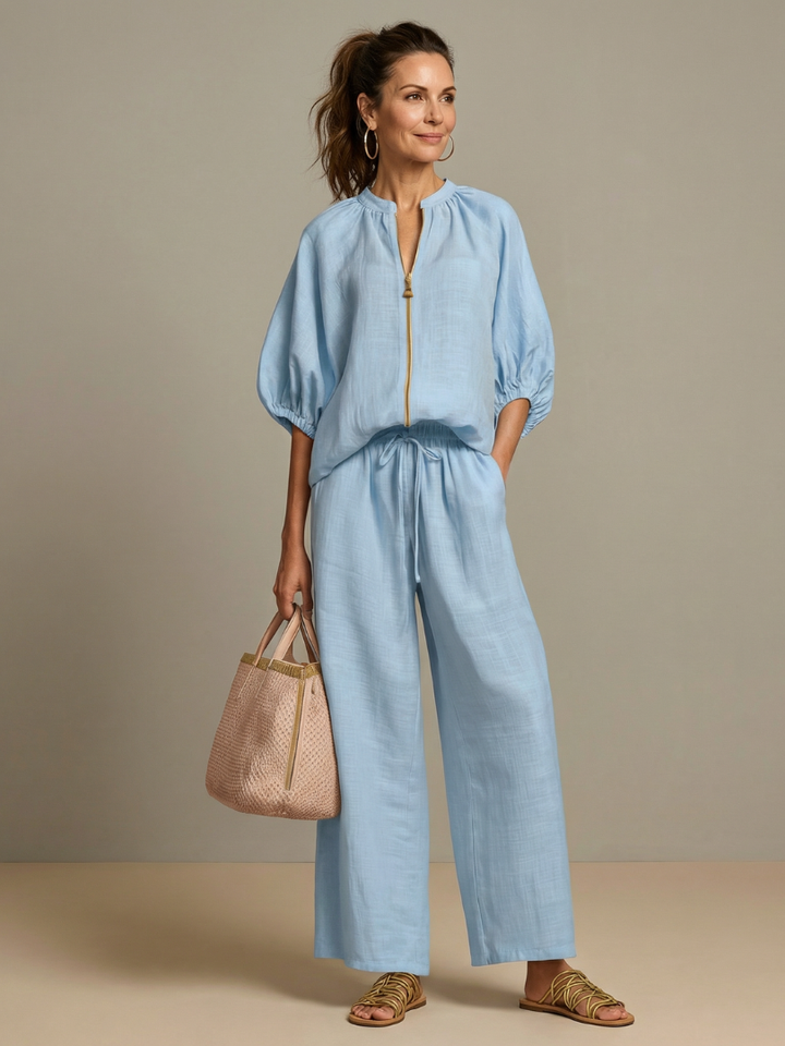 Natalia | Top Blouson with Zip and Wide Leg Trousers