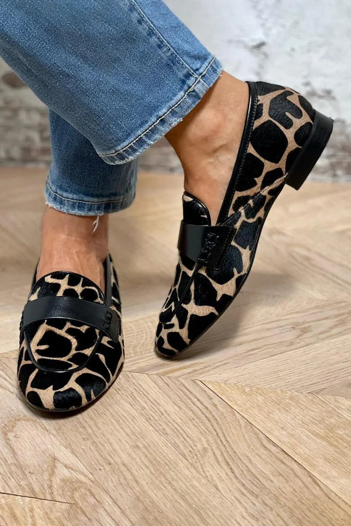 Colour block cow print round toe slip-on loafers