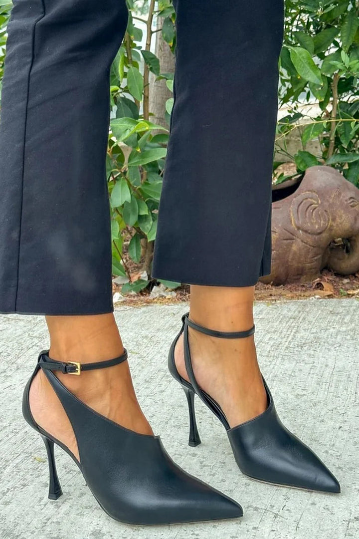 Black Pointed Cut-Out Stiletto Heels with Ankle Strap and Buckle