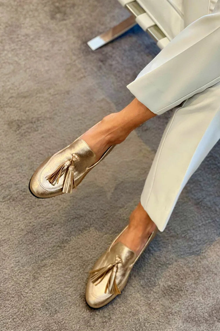 Shiny Metallic Gold Loafers with Visible Stitching