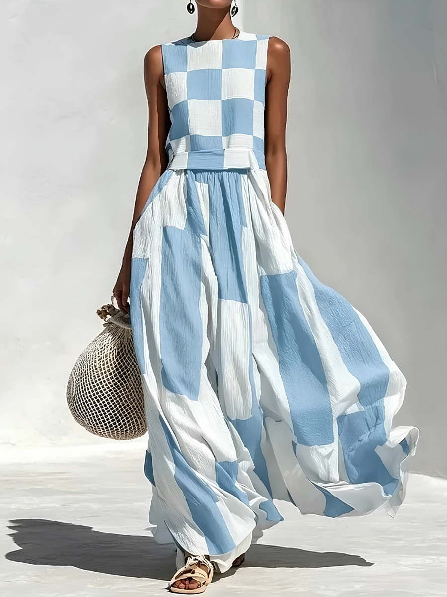 Ardenne™ | Plaid and Stripe Panelled Sleeveless Maxi Dress