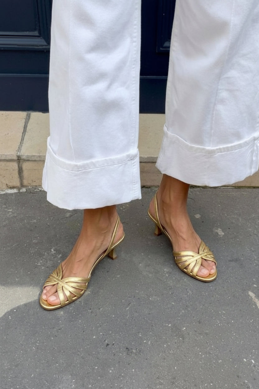 Metallic slingback sandals with crossover straps and kitten heel