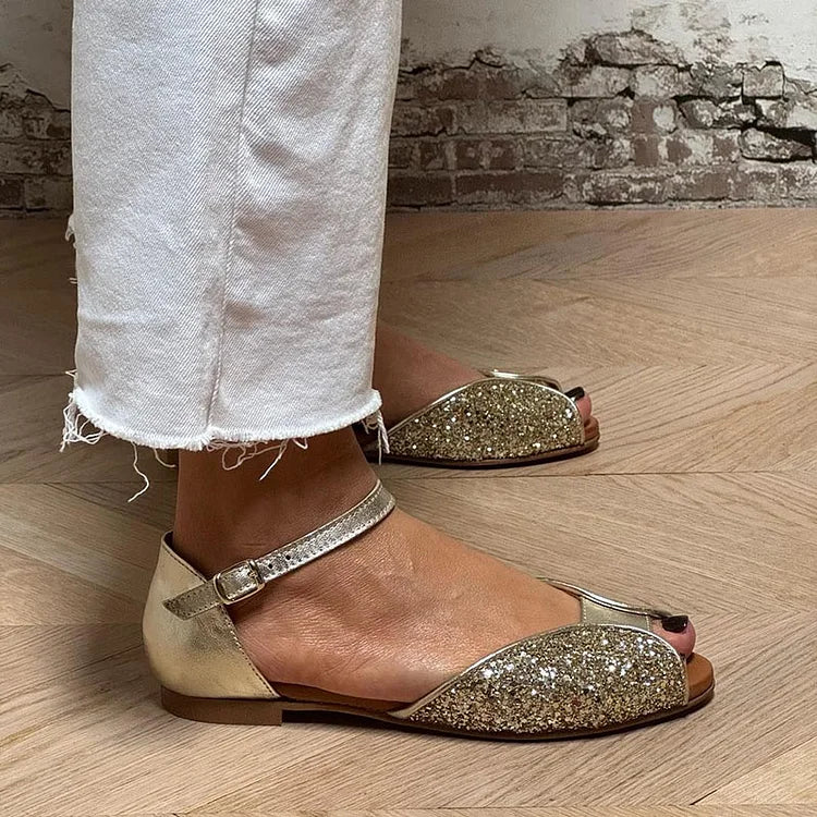 Gold Glitter Patchwork Peep Toe Sandals with Ankle Strap and Buckle
