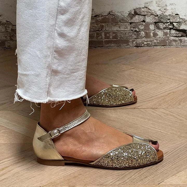 Gold Glitter Patchwork Peep Toe Sandals with Ankle Strap and Buckle