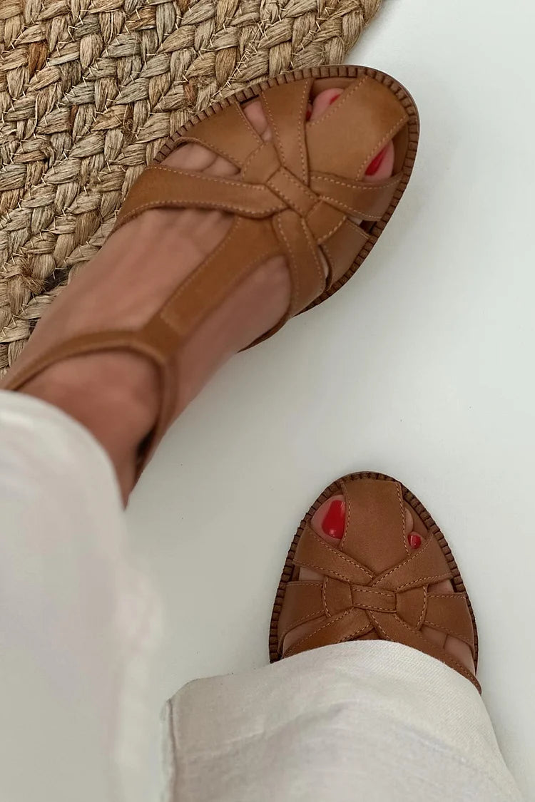 Brown Cut-Out Woven Wide Heels with Buckle and T-Strap