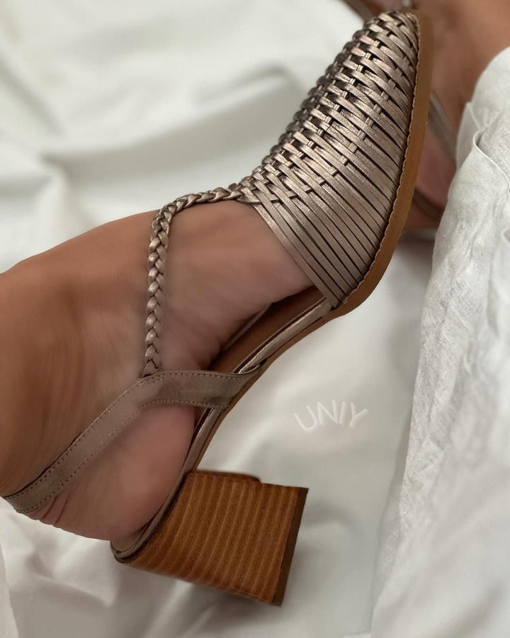 Champagne Metallic Pointed Block Heels with Straps