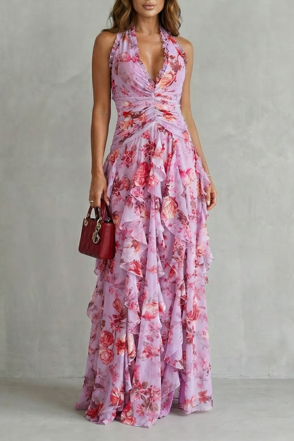 Belladina | Romantic Rose Cascade Long Dress with American Neckline