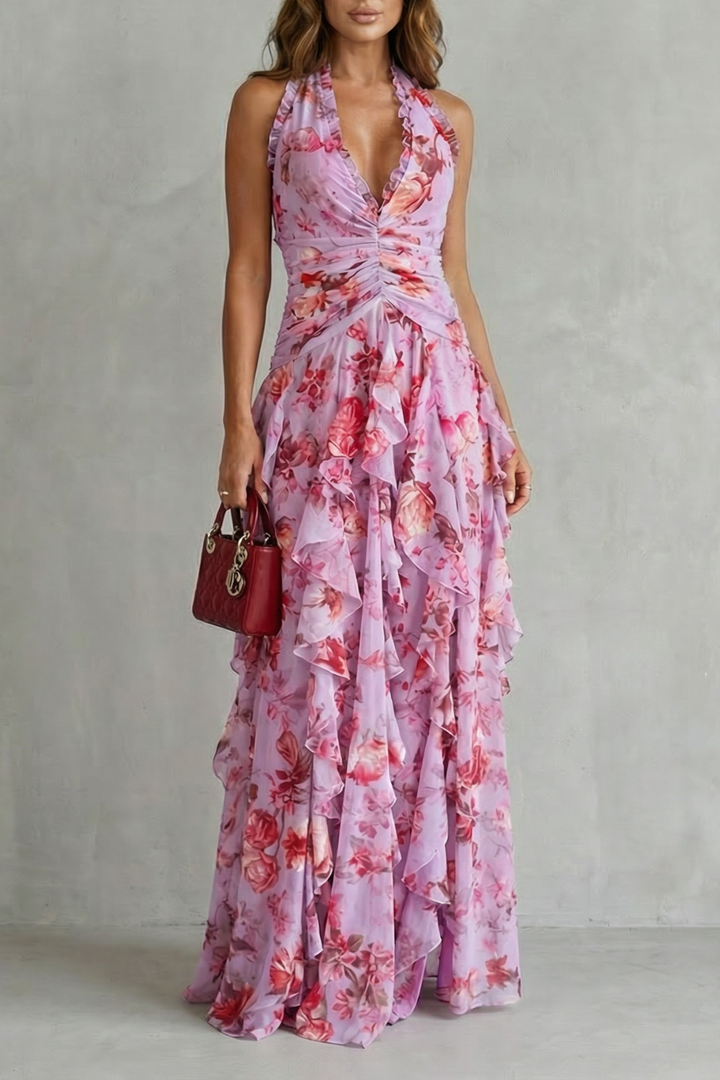 Belladina | Romantic Rose Cascade Long Dress with American Neckline